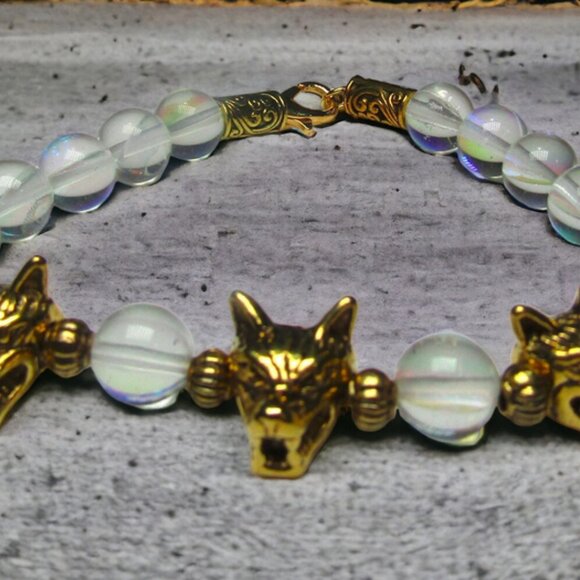 Cerberus Triple Wolf Bracelet With  Rainbow Crystal Beads.  Greek myth jewelry. - Picture 3 of 6